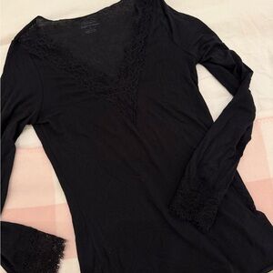 intimissimi Black Long Sleeve V-Neck Top with Lace Trim